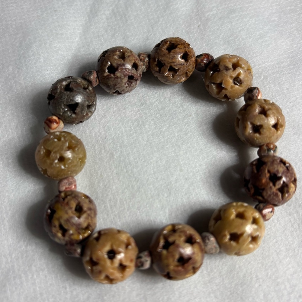 Hand crafted stretch bracelet filigree soap stones and Jasper mini nuggets 7 in.